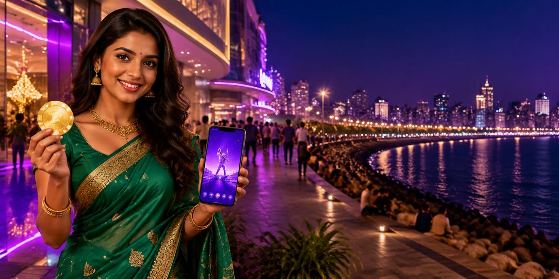 Night view of Mumbai Marine Drive with cricket and betting theme